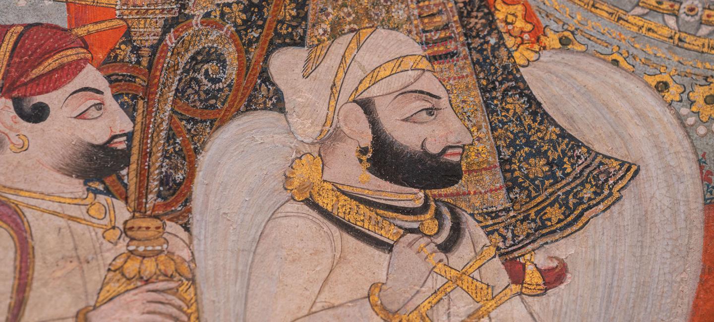 Close up of historical painting with people and horses
