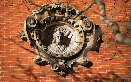 An ancient statue within the grounds of Winchester College