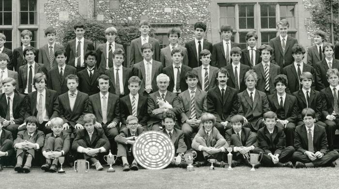 A black and white photo from 1985 showing Gus at Winchester College as a boy