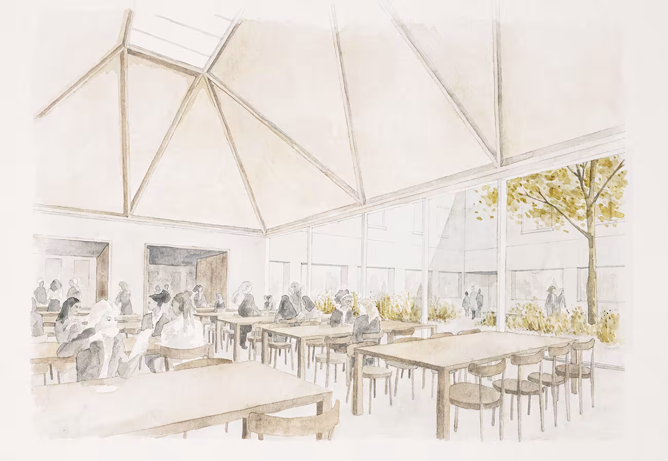 A sketch of the new girls boarding house shows a light common room area with tables and chairs, with students sat chatting.
